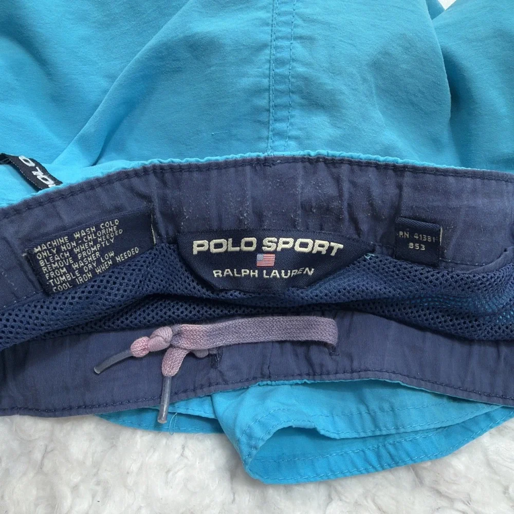 Vtg 90s Polo Sport Flag Ralph Lauren Swim Trunks Shorts Light Blue Baggy Nylon